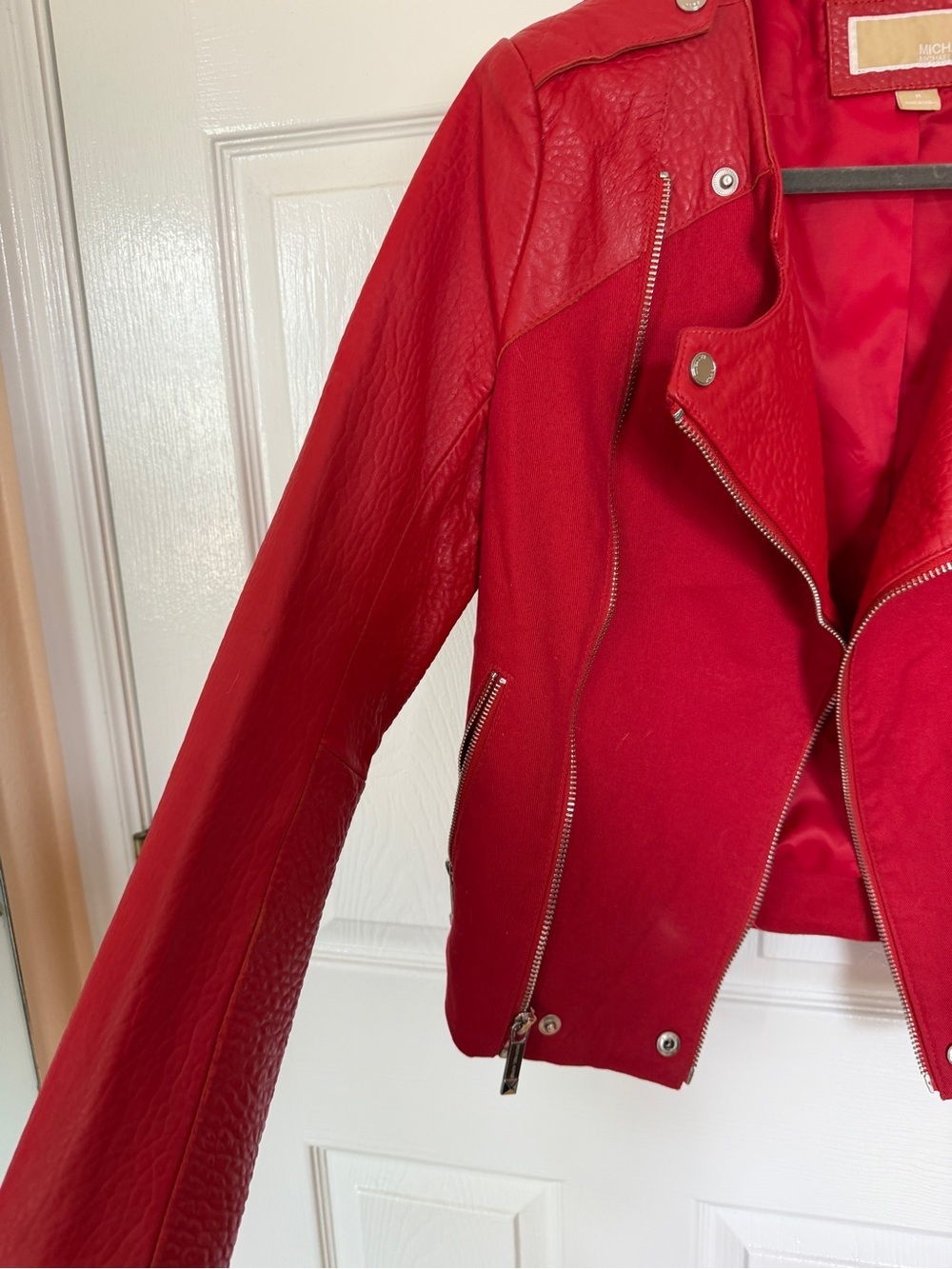 Michael Kors Red Mixed-Media Moto Jacket - Picture 4 of 7
